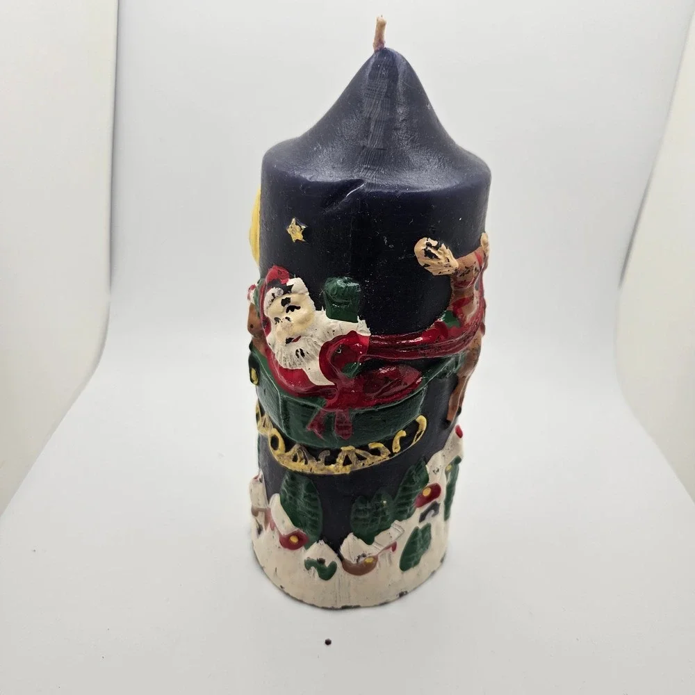 Vintage Hand Decorated Christmas Pillar Candle Santa Reindeer Moon Carved Wax 7